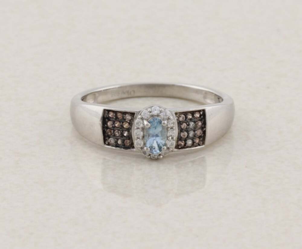 Sterling Silver Blue White & Brown Zircon Ring Size 10